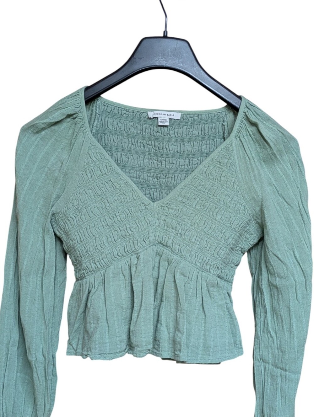 American Eagle Smocked Babydoll Long Sleeve Green Top Size Small - Picture 2 of 9